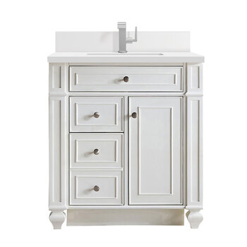 James Martin Furniture Bristol 30'' Single Vanity, Bright White w/ Single Hole 3 cm (1-3/8'') Thick White Zeus Quartz Top, Backsplash, and Rectangle Undermount Sink Product View