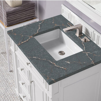 James Martin Furniture Bristol 30'' Single Vanity, Bright White w/ 3 cm (1-3/8'') Thick Parisien Bleu Quartz Top and Rectangle Undermount Sink Overhead Top View