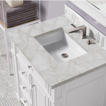 James Martin Furniture Bristol 30'' Single Vanity, Bright White w/ 3 cm (1-3/8'') Thick Victorian Silver Quartz Top and Rectangle Undermount Sink Overhead Top View