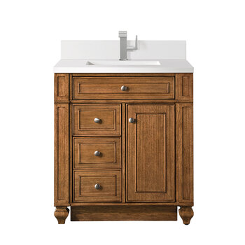 James Martin Furniture Bristol 30'' Single Vanity, Saddle Brown w/ Single Hole 3 cm (1-3/8'') Thick White Zeus Quartz Top, Backsplash, and Rectangle Undermount Sink Product View