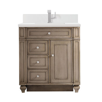 James Martin Furniture Bristol 30'' Single Vanity, Whitewashed Walnut w/ Single Hole 3 cm (1-3/8'') Thick White Zeus Quartz Top, Backsplash, and Rectangle Undermount Sink Product View