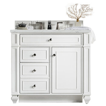 James Martin Furniture Bristol 36'' Single Vanity in Bright White with 3cm (1-3/8'' ) Thick Ethereal Noctis Quartz Top and Rectangle Undermount Sink