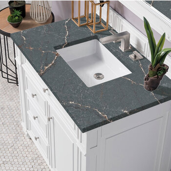 James Martin Furniture Bristol 36'' Single Vanity, Bright White w/ 3 cm (1-3/8'') Thick Parisien Bleu Quartz Top and Rectangle Undermount Sink Overhead Top View