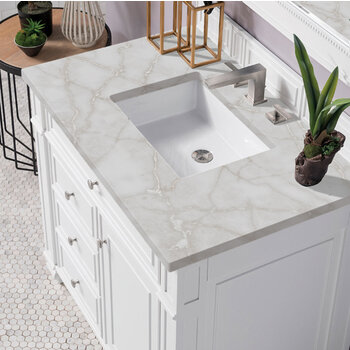 James Martin Furniture Bristol 36'' Single Vanity, Bright White w/ 3 cm (1-3/8'') Thick Victorian Silver Quartz Top and Rectangle Undermount Sink Overhead Top View
