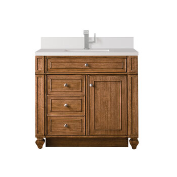 James Martin Furniture Bristol 36'' Single Vanity, Saddle Brown w/ Single Hole 3 cm (1-3/8'') Thick White Zeus Quartz Top, Backsplash, and Rectangle Undermount Sink Product View