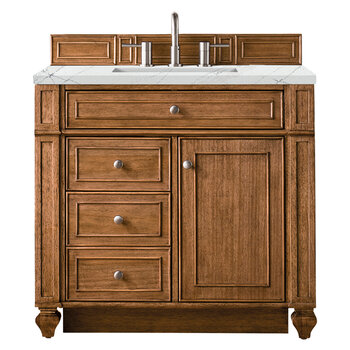 James Martin Furniture Bristol 36'' Single Vanity in Saddle Brown with 3cm (1-3/8'' ) Thick Ethereal Noctis Quartz Top and Rectangle Undermount Sink