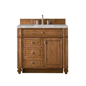James Martin Furniture Bristol 36'' Single Vanity, Saddle Brown w/ 3 cm (1-3/8'') Thick Victorian Silver Quartz Top and Rectangle Undermount Sink Product View