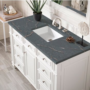 James Martin Furniture Bristol 48'' Single Vanity, Bright White w/ 3 cm (1-3/8'') Thick Parisien Bleu Quartz Top and Rectangle Undermount Sink Overhead Top View