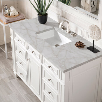 James Martin Furniture Bristol 48'' Single Vanity, Bright White w/ 3 cm (1-3/8'') Thick Victorian Silver Quartz Top and Rectangle Undermount Sink Overhead Top View