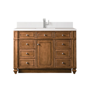 James Martin Furniture Bristol 48'' Single Vanity, Saddle Brown w/ Single Hole 3 cm (1-3/8'') Thick White Zeus Quartz Top, Backsplash, and Rectangle Undermount Sink Product View
