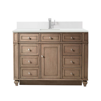 James Martin Furniture Bristol 48'' Single Vanity, Whitewashed Walnut w/ Single Hole 3 cm (1-3/8'') Thick White Zeus Quartz Top, Backsplash, and Rectangle Undermount Sink Product View