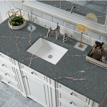 James Martin Furniture Bristol 60'' Single Vanity, Bright White w/ 3 cm (1-3/8'') Thick Parisien Bleu Quartz Top and Rectangle Undermount Sink Overhead Top View