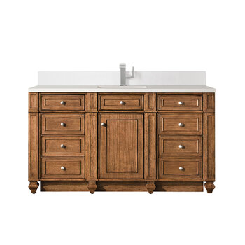 James Martin Furniture Bristol 60'' Single Vanity, Saddle Brown w/ Single Hole 3 cm (1-3/8'') Thick White Zeus Quartz Top, Backsplash, and Rectangle Undermount Sink Product View