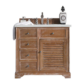 James Martin Furniture Savannah 36'' Single Vanity Cabinet in Driftwood with 3cm (1-3/8'' ) Thick Ethereal Noctis Quartz Top and Rectangle Sink