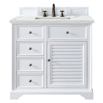 James Martin Furniture Savannah 36'' Single Vanity Cabinet in Bright White with 3cm (1-3/8'' ) Thick Ethereal Noctis Quartz Top and Rectangle Sink