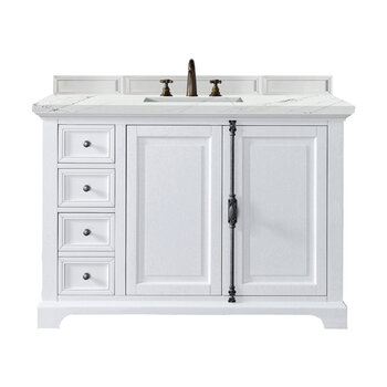 James Martin Furniture Providence 48'' Single Vanity Cabinet in Bright White with 3cm (1-3/8'' ) Thick Ethereal Noctis Quartz Top and Rectangle Sink