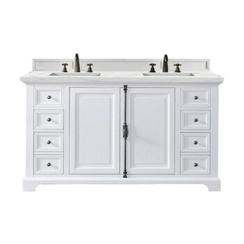 James Martin Furniture Providence 60'' Double Vanity Cabinet in Bright White with 3cm (1-3/8'' ) Thick Ethereal Noctis Quartz Top and Rectangle Sinks