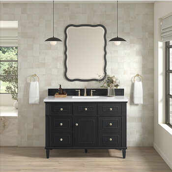 James Martin Furniture Rowyn 28'' Wall Mounted Wavy Edge Mirror, Carbon Oak Frame Installed View