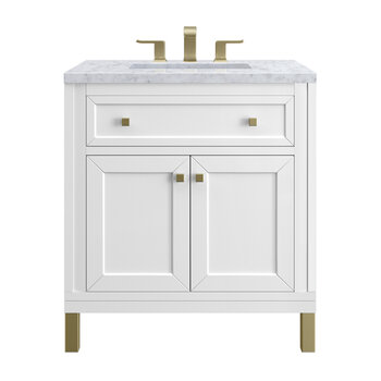 James Martin Furniture Chicago 30'' Single Vanity in Glossy White with 3cm (1-3/8'' ) Thick Carrara Marble Top and Rectangle Undermount Sink