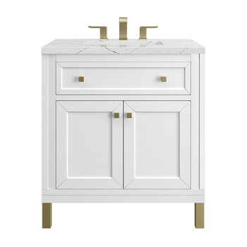 James Martin Furniture Chicago 30'' Single Vanity in Glossy White with 3cm (1-3/8'' ) Thick Ethereal Noctis Top and Rectangle Undermount Sink