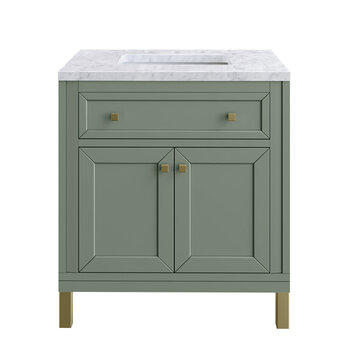 James Martin Furniture Chicago 30'' Single Vanity in Smokey Celadon with 3cm (1-3/8'' ) Thick Carrara Marble Top and Rectangle Undermount Sink