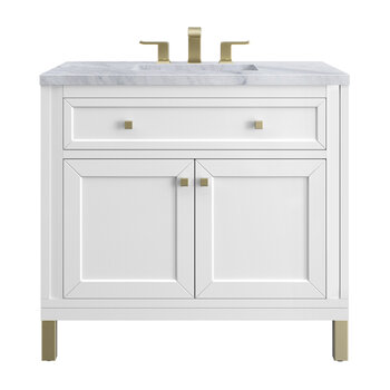 James Martin Furniture Chicago 36'' Single Vanity in Glossy White with 3cm (1-3/8'' ) Thick Carrara Marble Top and Rectangle Undermount Sink