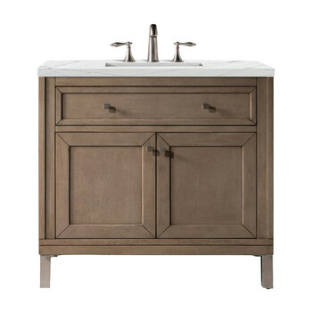 James Martin Furniture Chicago 36'' Single Vanity in Whitewashed Walnut with 3cm (1-3/8'' ) Thick Ethereal Noctis Quartz Top and Rectangle Sink