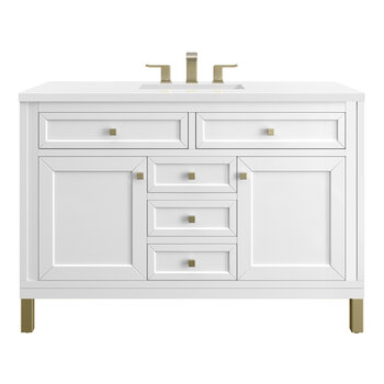 James Martin Furniture Chicago 48'' Single Vanity in Glossy White with 3cm (1-3/8'' ) Thick White Zeus Top and Rectangle Undermount Sink