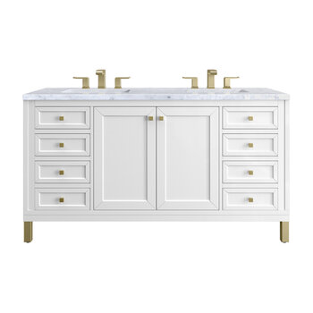 James Martin Furniture Chicago 60'' Double Vanity in Glossy White with 3cm (1-3/8'' ) Thick Carrara Marble Top and Rectangle Undermount Sinks