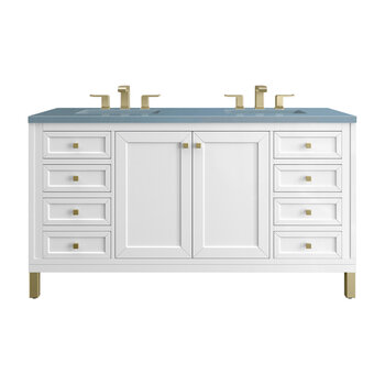 James Martin Furniture Chicago 60'' Double Vanity in Glossy White with 3cm (1-3/8'' ) Thick Cala Blue Top and Rectangle Undermount Sinks