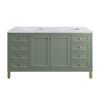 James Martin Furniture Chicago 60'' Double Vanity in Smokey Celadon with 3cm (1-3/8'' ) Thick Carrara Marble Top and Rectangle Undermount Sinks
