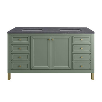 James Martin Furniture Chicago 60'' Double Vanity in Smokey Celadon with 3cm (1-3/8'' ) Thick Charcoal Soapstone Top and Rectangle Undermount Sinks