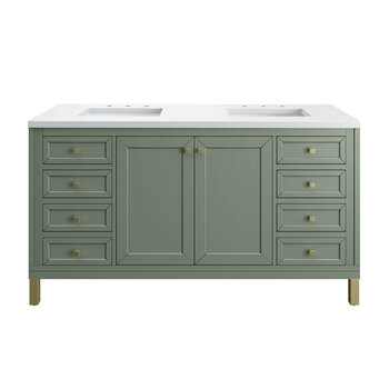 James Martin Furniture Chicago 60'' Double Vanity in Smokey Celadon with 3cm (1-3/8'' ) Thick White Zeus Top and Rectangle Undermount Sinks