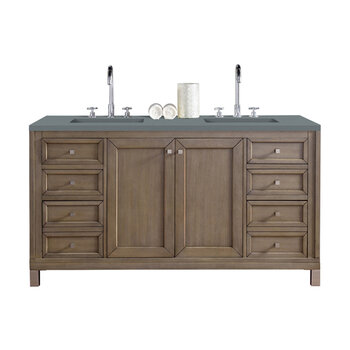 James Martin Furniture Chicago 60'' Double Vanity in Whitewashed Walnut with 3cm (1-3/8'' ) Thick Cala Blue Quartz Top and Rectangle Undermount Sinks