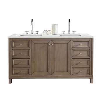 James Martin Furniture Chicago 60'' Double Vanity in Whitewashed Walnut with 3cm (1-3/8'' ) Thick Ethereal Noctis Quartz Top and Rectangle Sinks