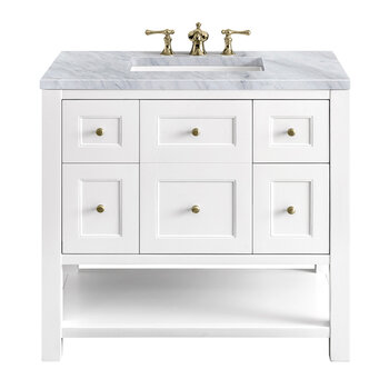 James Martin Furniture Breckenridge 36'' Single Vanity in Bright White with 3cm (1-3/8'') Thick Carrara Marble Countertop and Rectangle Undermount Sink