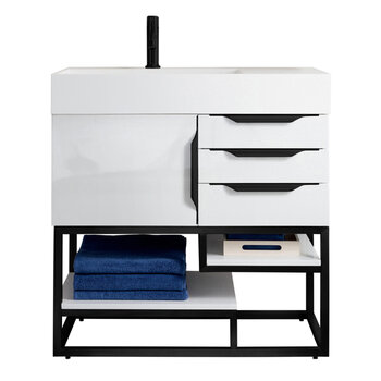 James Martin Furniture Columbia 36'' Single Vanity in Glossy White and Matte Black with Glossy White Composite Sink Top