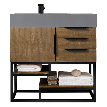 James Martin Furniture Columbia 36'' Single Vanity in Latte Oak and Matte Black with Dusk Grey Glossy Composite Sink Top