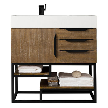 James Martin Furniture Columbia 36'' Single Vanity in Latte Oak and Matte Black with Glossy White Composite Sink Top
