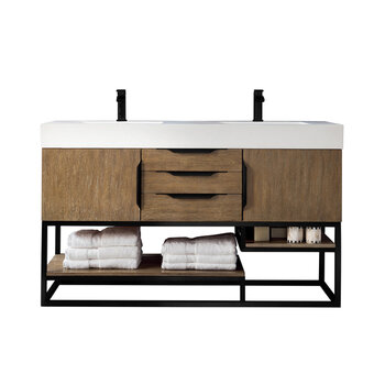 James Martin Furniture Columbia 59''  Double Vanity in Latte Oak and Matte Black with Glossy White Composite Sink Top