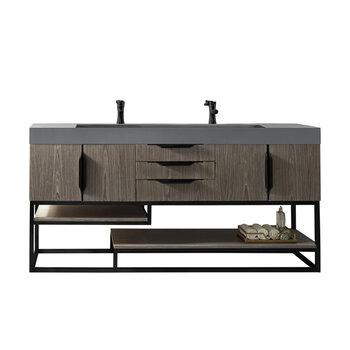 James Martin Furniture Columbia 72''  Double Vanity in Ash Gray and Matte Black with Dusk Grey Glossy Composite Sink Top