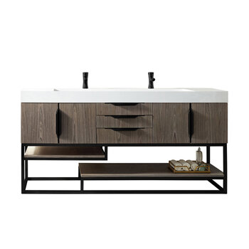 James Martin Furniture Columbia 72''  Double Vanity in Ash Gray and Matte Black with Glossy White Composite Sink Top