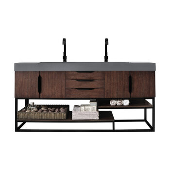 James Martin Furniture Columbia 72''  Double Vanity in Coffee Oak and Matte Black with Dusk Grey Glossy Composite Sink Top
