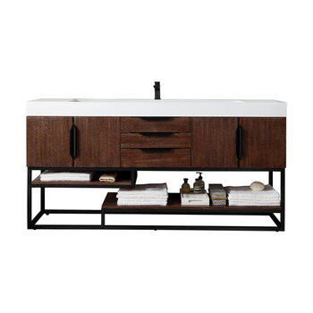 James Martin Furniture Columbia 72''  Single Vanity in Coffee Oak and Matte Black with Glossy White Composite Sink Top