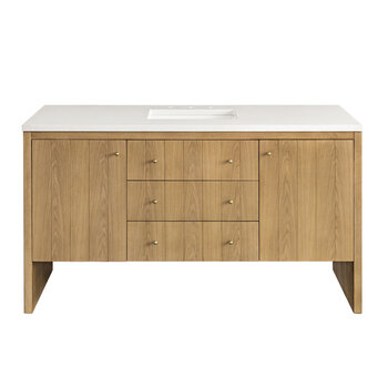 James Martin Furniture Hudson 60'' Single Vanity in Light Natural Oak with 3cm (1-3/8'') Thick White Zeus Top and Rectangle Undermount Sink