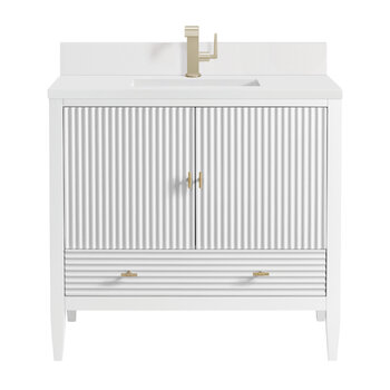 James Martin Furniture Myrrin 36'' Vanity, Bright White w/ Single Hole 3 cm (1-3/8'') Thick White Zeus Quartz Top, Backsplash, and Rectangle Undermount Sink Product View