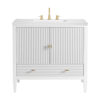 James Martin Furniture Myrrin 36'' Vanity, Bright White w/ 3 cm (1-3/8'') Thick Arctic Fall Solid Surface Top and Rectangle Undermount Sink Product View