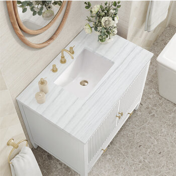 James Martin Furniture Myrrin 36'' Vanity, Bright White w/ 3 cm (1-3/8'') Thick Arctic Fall Solid Surface Top and Rectangle Undermount Sink Overhead Top View