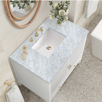 James Martin Furniture Myrrin 36'' Vanity, Bright White w/ 3 cm (1-3/8'') Thick Carrara White Marble Top and Rectangle Undermount Sink Overhead Top View
