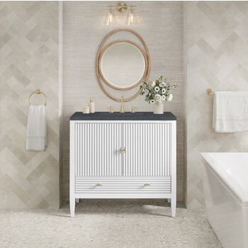 James Martin Furniture Myrrin 36'' Vanity, Bright White w/ 3 cm (1-3/8'') Thick Charcoal Soapstone Quartz Top and Rectangle Undermount Sink Installed View